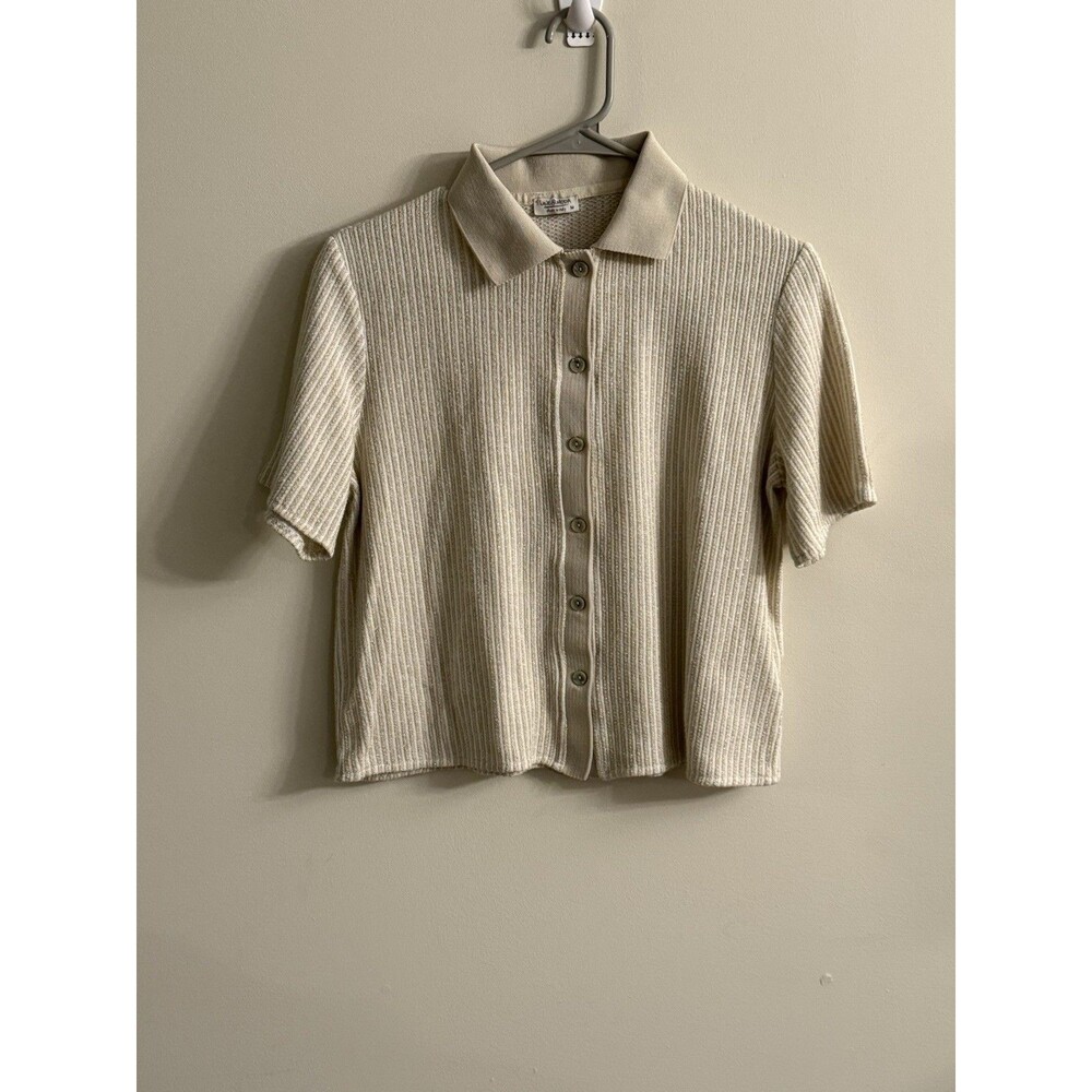 Linea Moda Italy Beige Button Down Knit Shirt M Glitter Thread‎ Short Sleeve